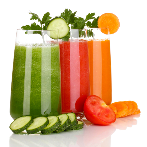 Images of different juices with a red juice, green juice and orange juice.